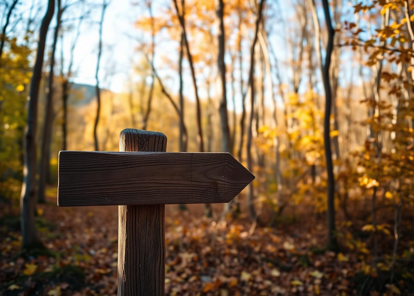 A wooden trail sign in the Blue Ridge foothills in autumn.